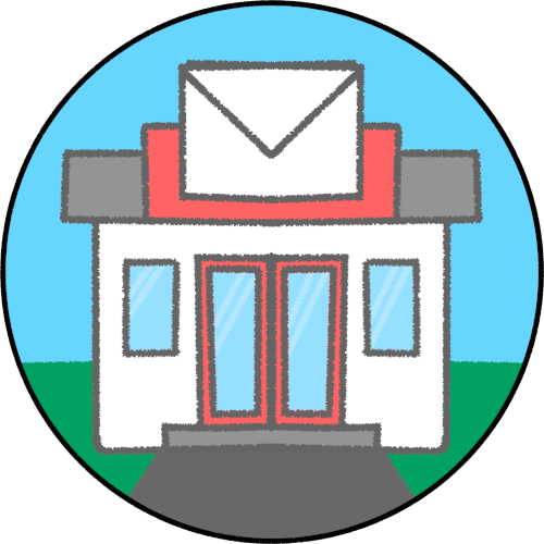 A white building with a red trim around the door and roof, also on the roof is a giant envelope, the whole scene is inside a circle.